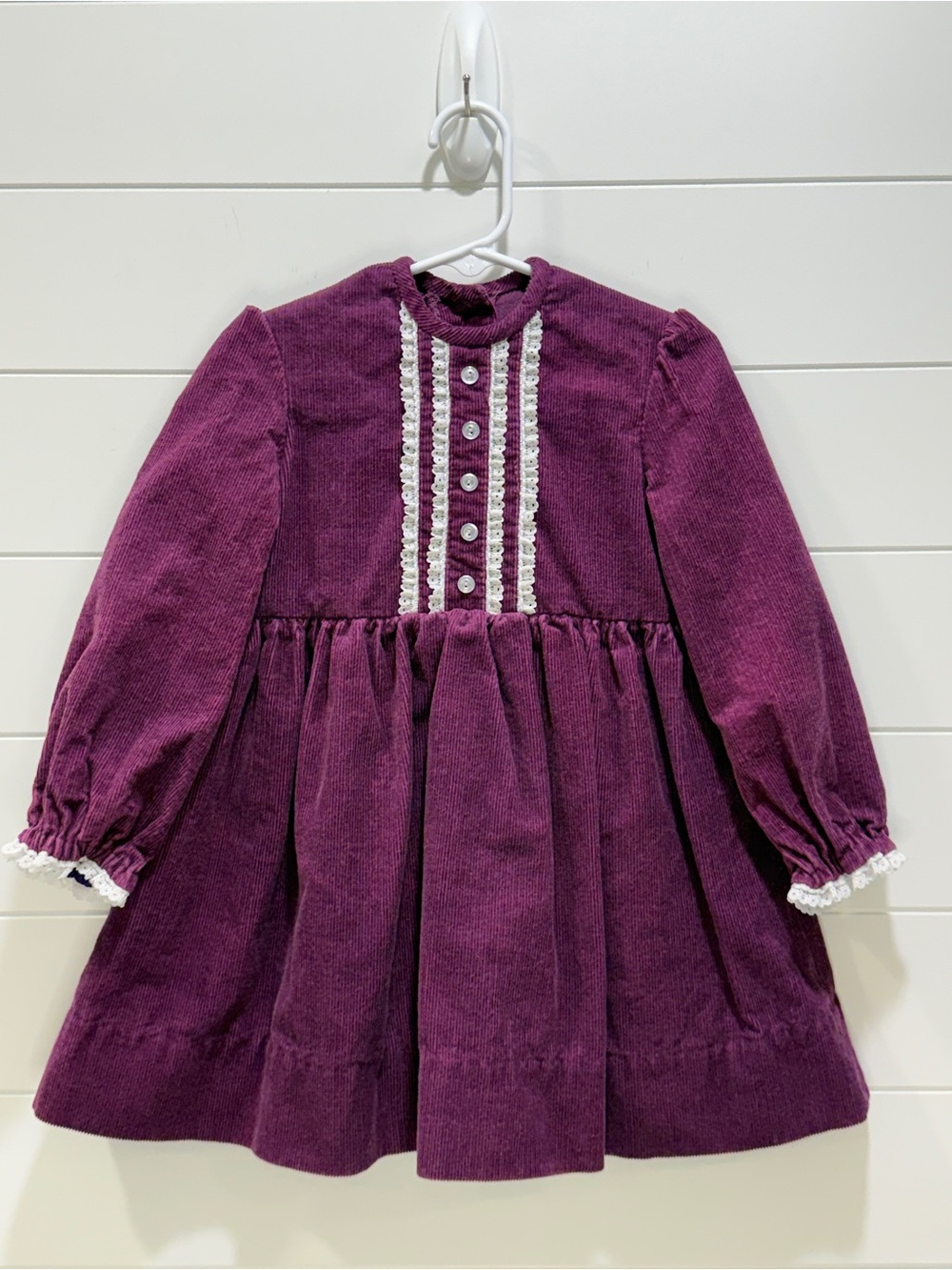 Vintage Homemade Girls Purple Corduroy Long-Sleeve Dress with Lace Trim